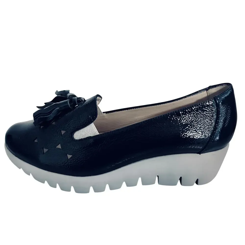 Wonders Spain Textured Laser Cut Patent Leather Tasseled Wedge Loafers Navy Blue